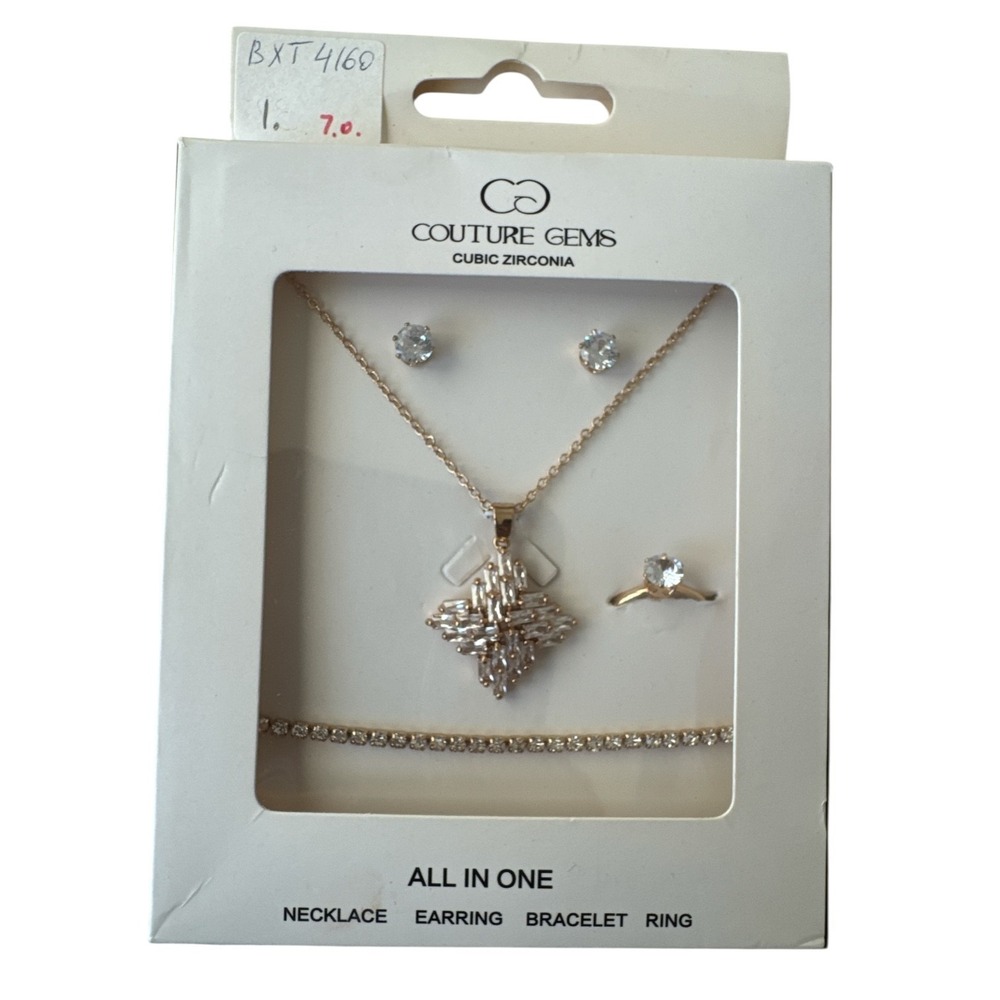 Couture Gems Gold Tone Cubic Zirconia Jewelry Set Necklace Earring Bracelet Ring